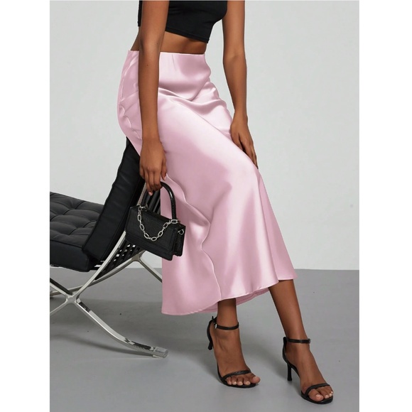 Pink Satin A-Line Skirt High Waisted Long - Picture 3 of 10